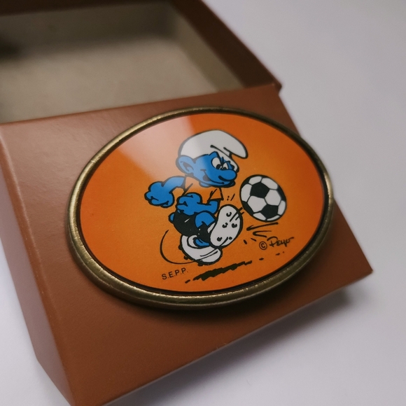 Smurfs Vintage 80s Soccer Orange Belt Buckle Oden NEW In Box - Picture 6 of 9